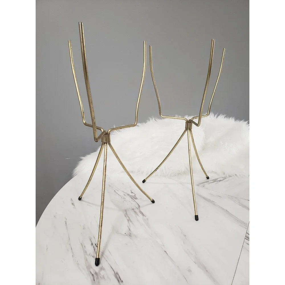MCM Vintage Tripod Flower Plant Pot Stand Holder Metal Folding Minimalist Gold
